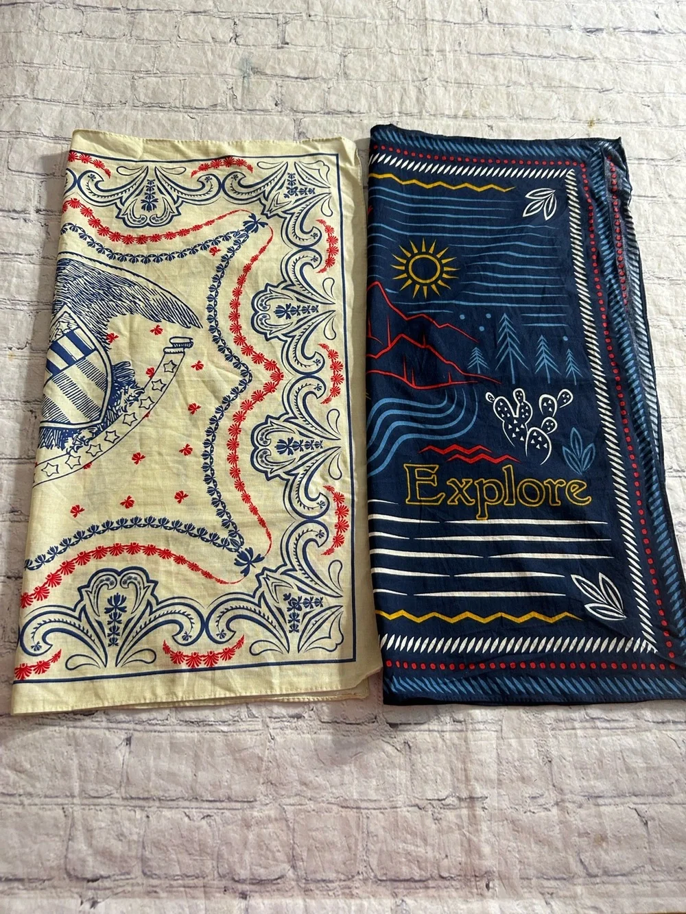 LOT OF (2) 100% COTTON MULTI COLORED SQUARE HANDKERCHIEF STYLE SCARVES BOHEMIAN